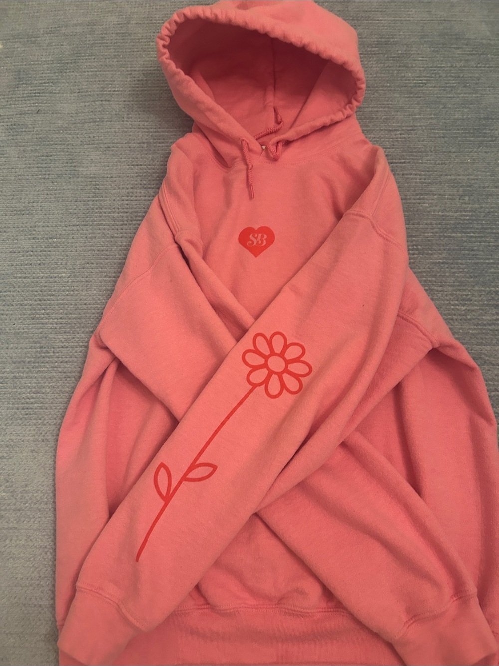 Coral Pink Floral-Sleeve Crewneck Hoodie